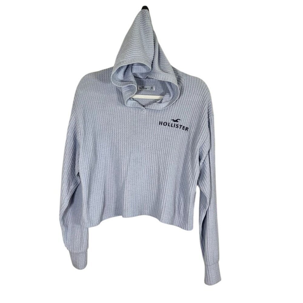 Hollister Cropped Hoodie Blue XS Waffle Knit Y2K Retro Grunge Neutral Classic